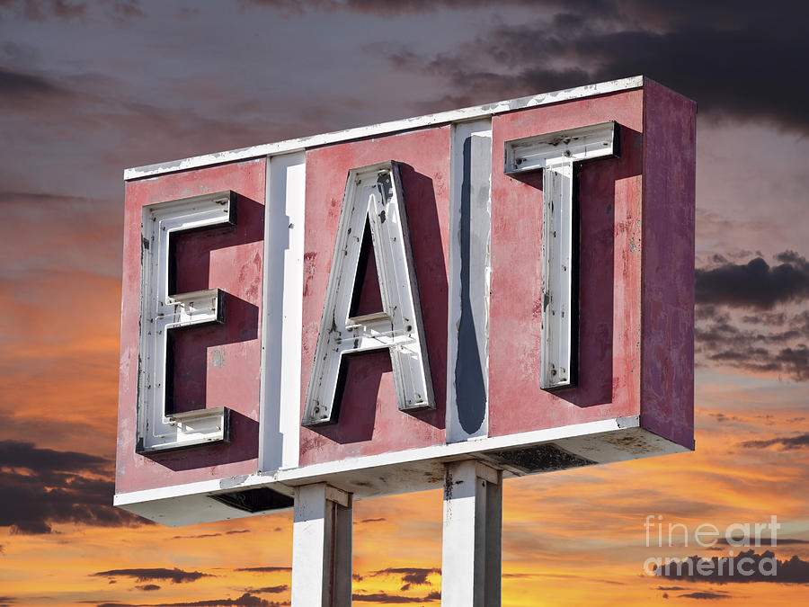 Vintage Photograph - Retro Eat Sign Sunset by Trekkerimages Photography