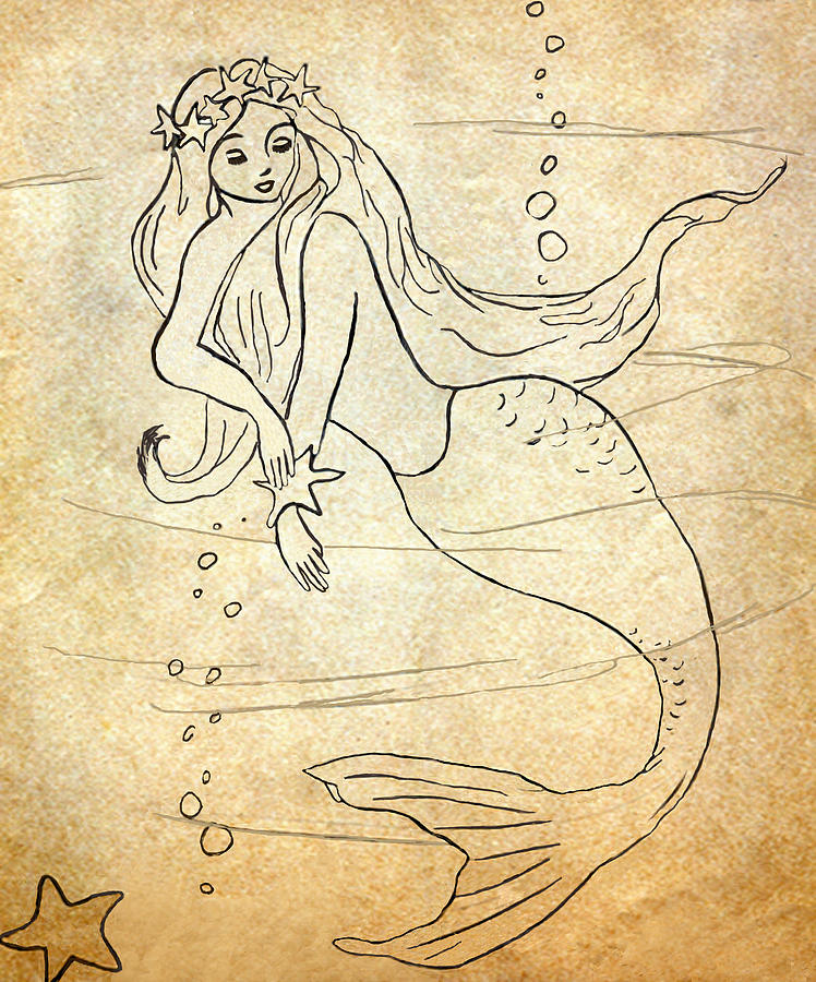 Retro Mermaid Drawing by Rosalie Scanlon