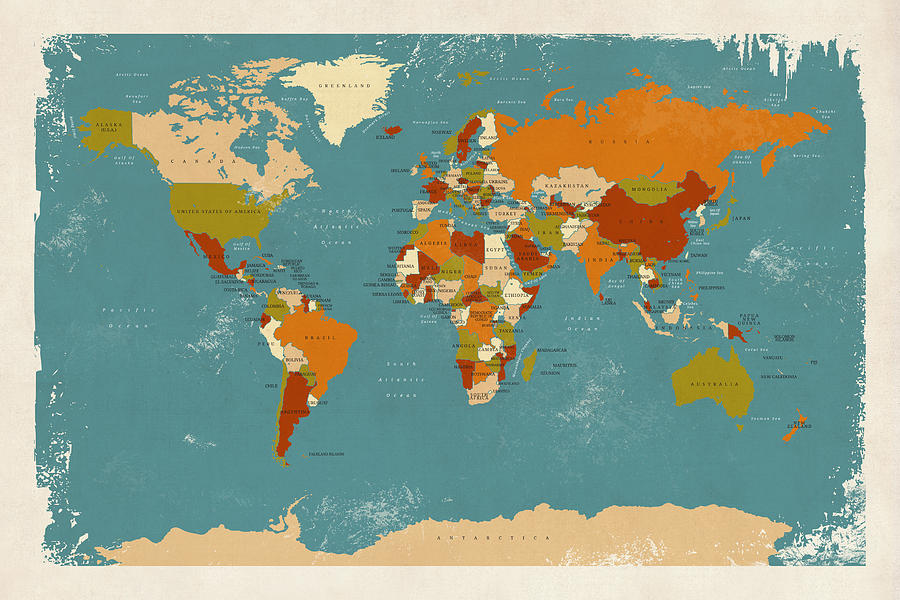 Globe Digital Art - Retro Political Map of the World by Michael Tompsett