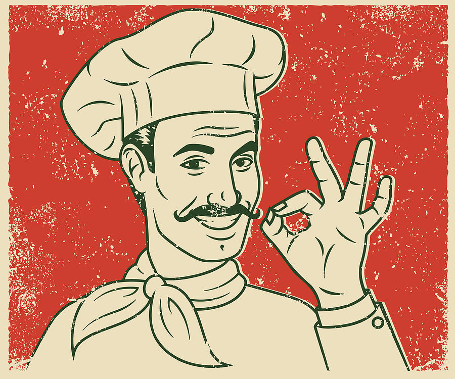 Retro Screen Print Smiling Handsome Chef Line Art Illustration Drawing by Bortonia