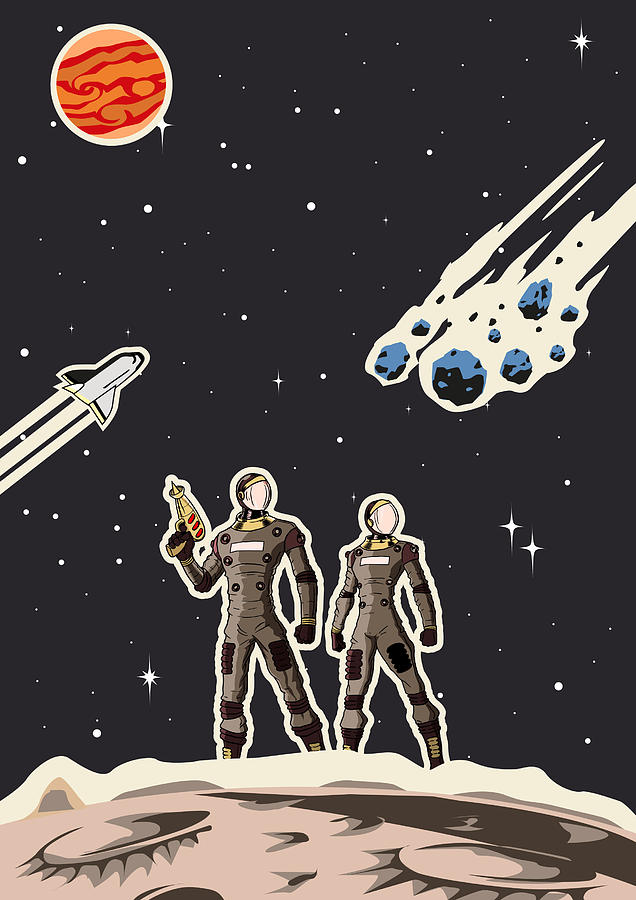 Retro Space Astronaut Couple Poster Drawing by Yogysic
