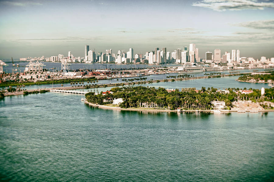 Miami Skyline Photograph - Retro Style Miami Skyline and Biscayne Bay by Gary Dean Mercer Clark