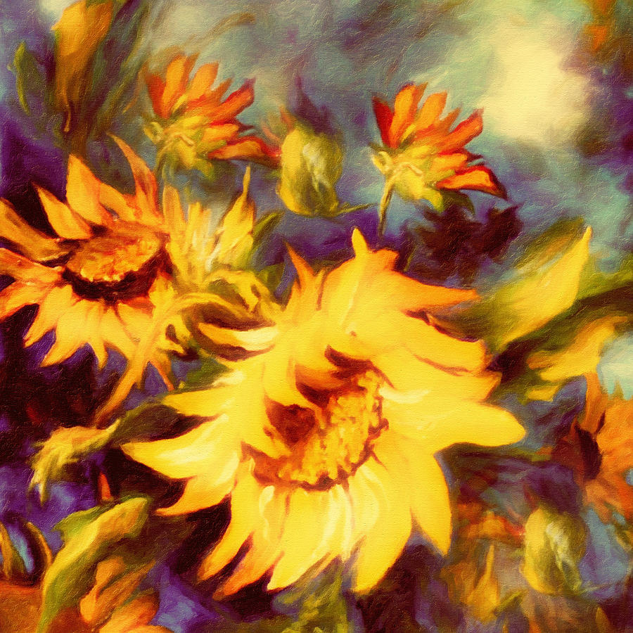 Impressionism Painting - Retro Sunflowers by Georgiana Romanovna