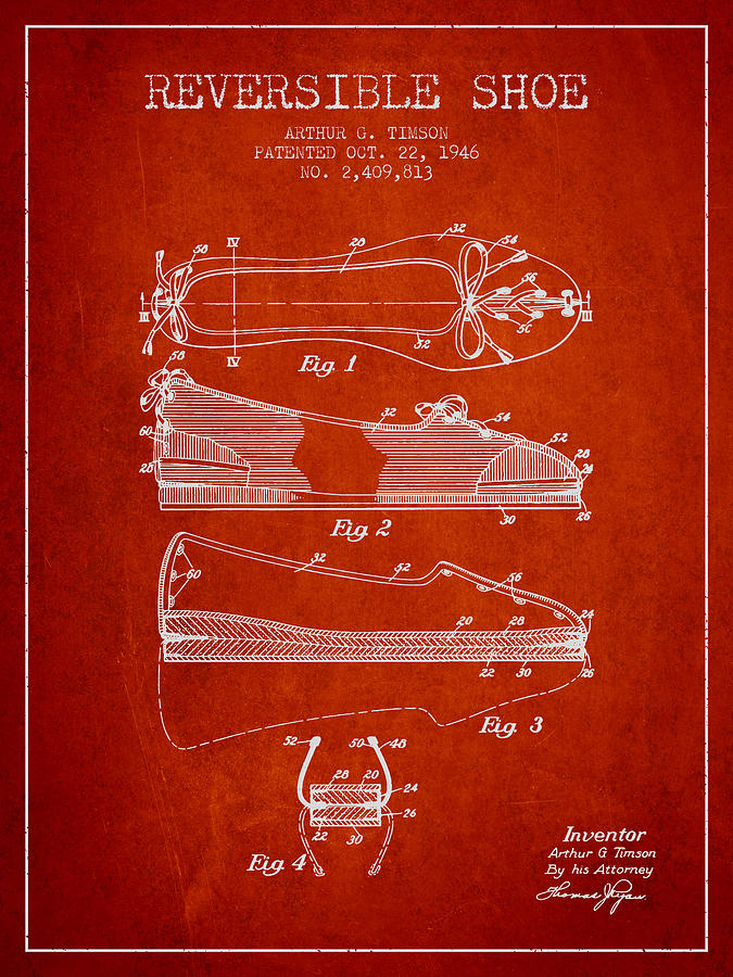 Boot Digital Art - Reversible Shoe Patent from 1946 - Red by Aged Pixel