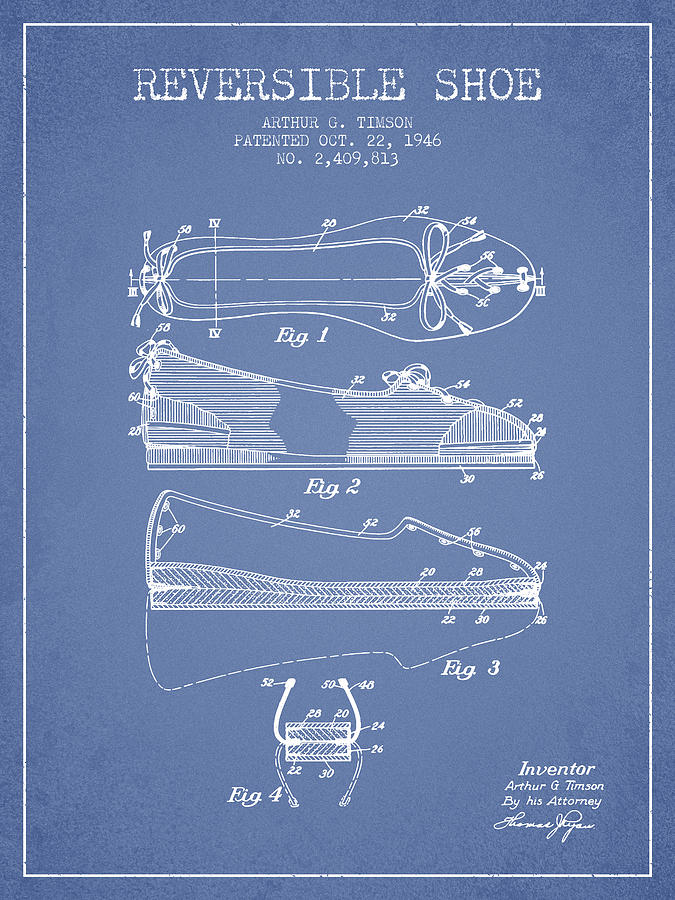 Boot Digital Art - Reversible Shoe Patent from 1946 - Light Blue by Aged Pixel