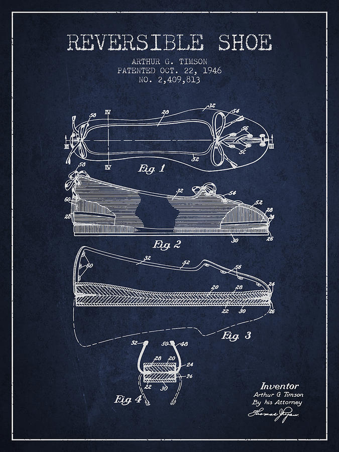 Boot Digital Art - Reversible Shoe Patent from 1946 - Navy Blue by Aged Pixel