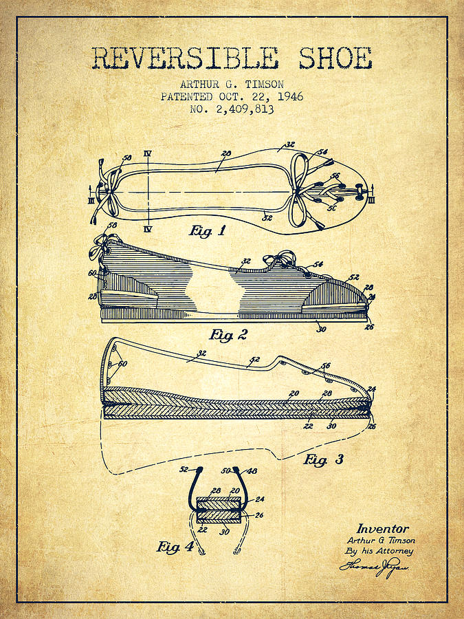Boot Digital Art - Reversible Shoe Patent from 1946 - Vintage by Aged Pixel
