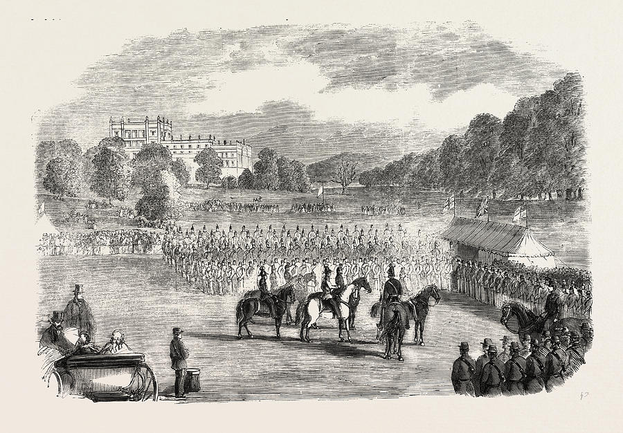 Vintage Drawing - Review Of Derbyshire Rifle Volunteers At Chatsworth Park by English School