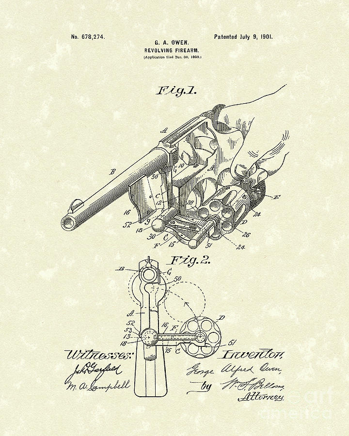 Revolver 1901 Patent Art Drawing by Prior Art Design