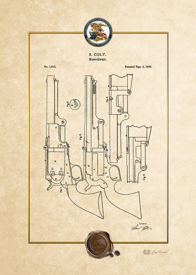 Revolver Patent 7613 by S. Colt - Vintage Patent Document Digital Art by Serge Averbukh