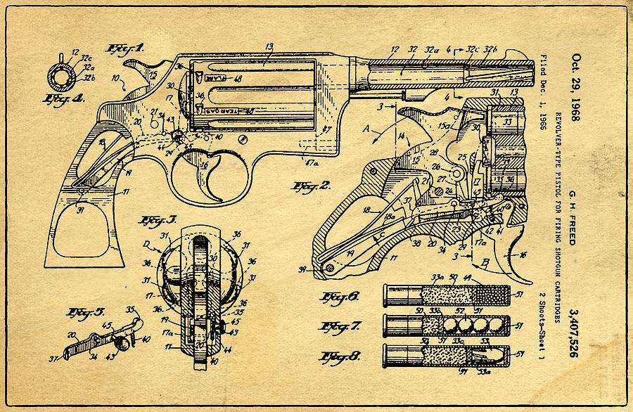 Vintage Photograph - Revolver Support Patent Drawing From 1968 1 by Samir Hanusa