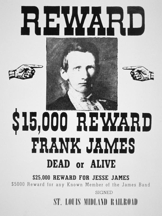 Reward poster for Frank James Painting by American School