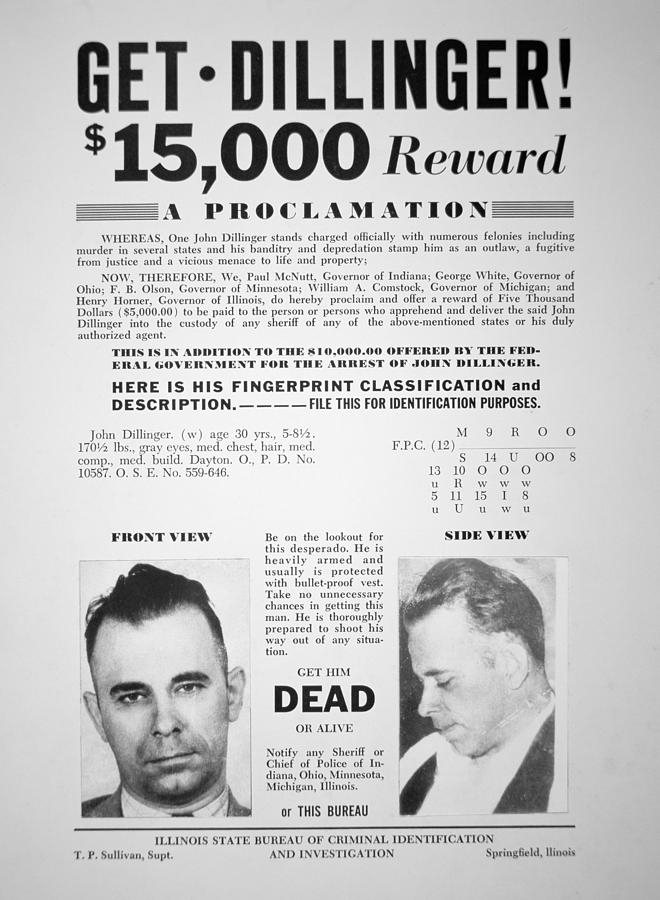 Reward poster for John Dillinger Painting by American School - Fine Art ...