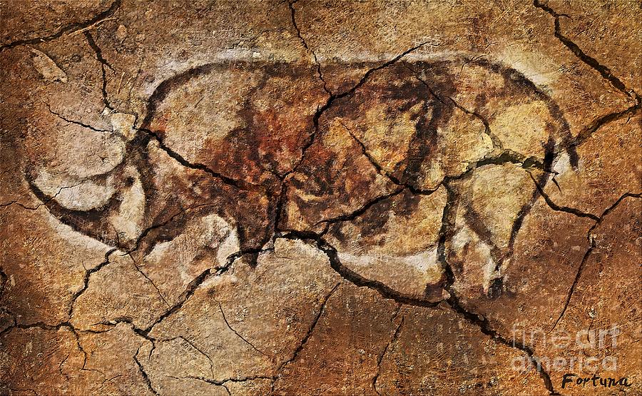 Prehistoric Digital Art - Rhinoceros - cave art by Dragica  Micki Fortuna