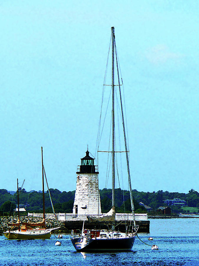 Lighthouse Photograph - Rhode Island - Boats near Lighthouse Bristol RI by Susan Savad