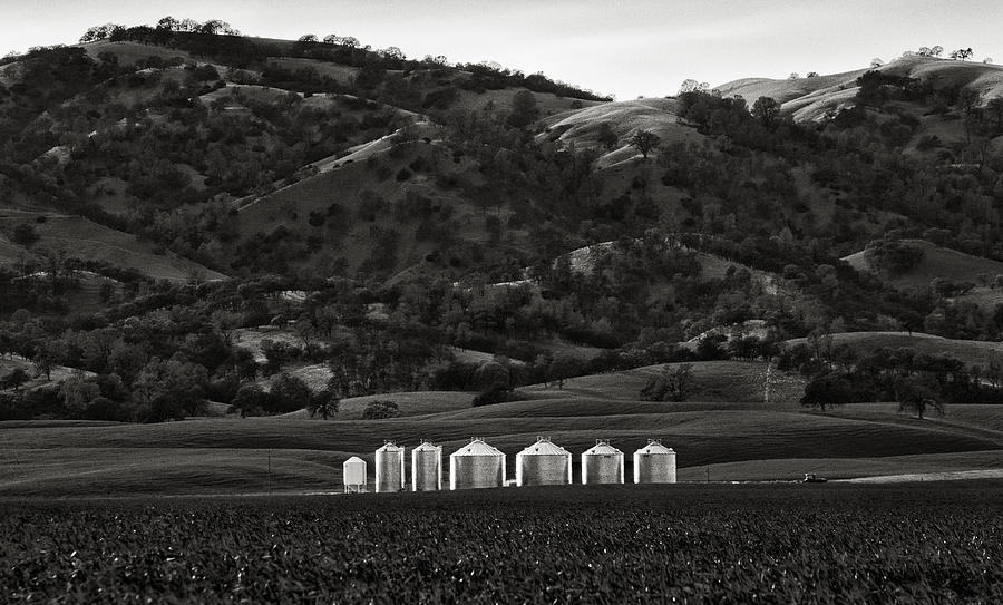 Black And White Photograph - Rice Silos In The Hills Near Dunnigan California by Robert Woodward