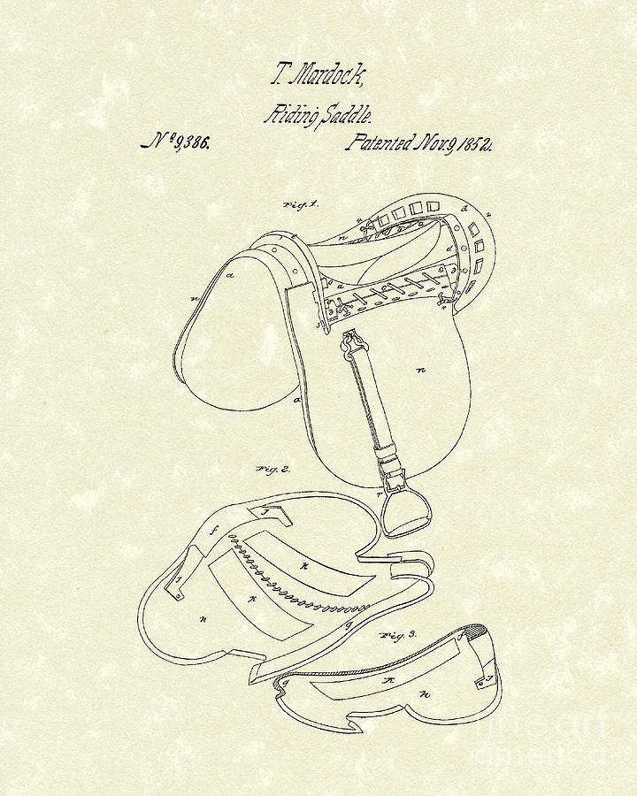 Riding Saddle 1852 Patent Art Drawing by Prior Art Design