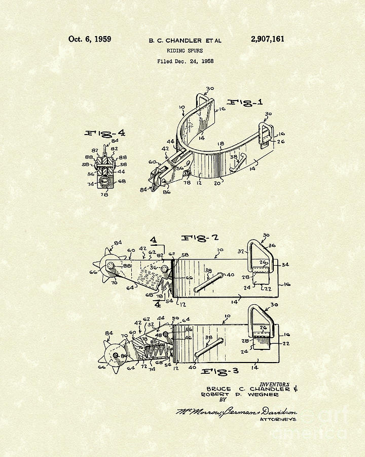 Riding Spurs 1959 Patent Art Drawing by Prior Art Design