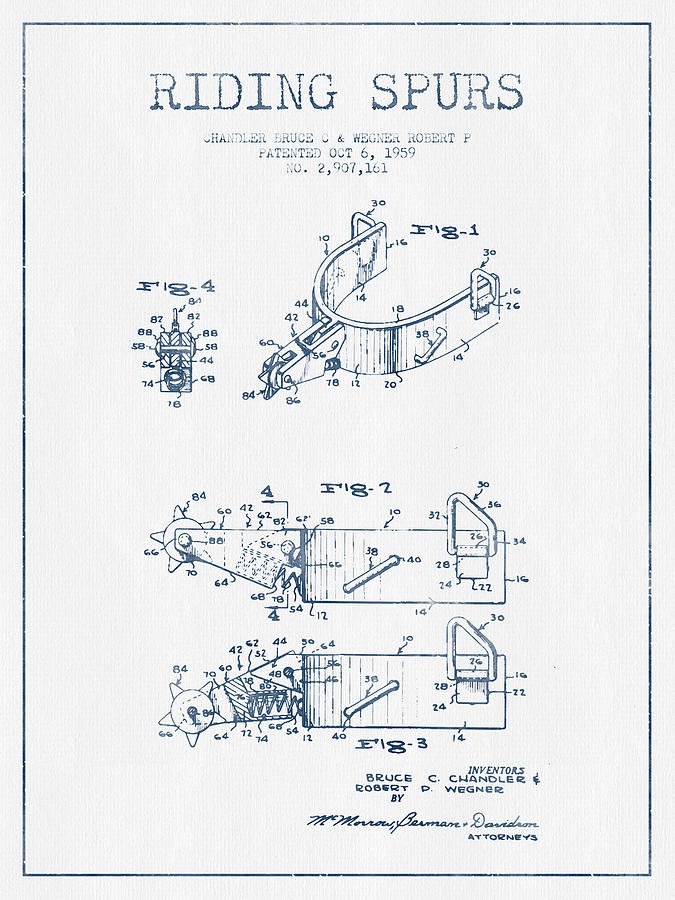 Horse Digital Art - Riding Spurs Patent Drawing from 1959 - Blue Ink by Aged Pixel