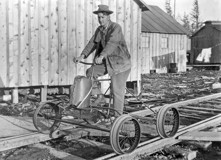Riding The Rails By Bicycle Photograph by Underwood Archives