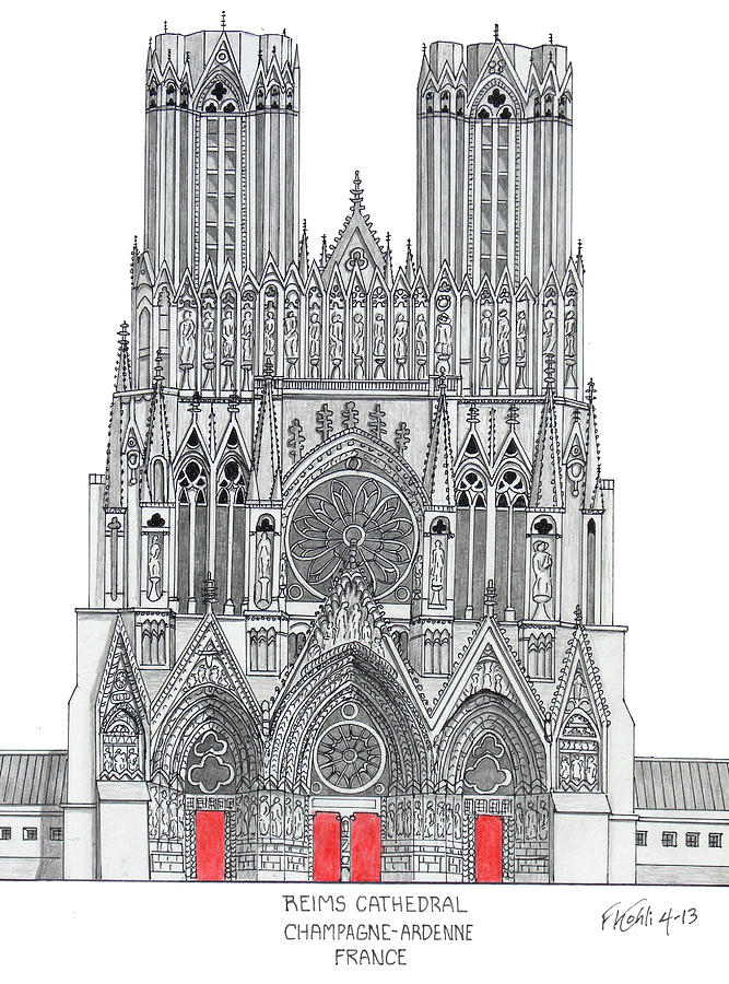 Riems Cathedral Drawing by Frederic Kohli