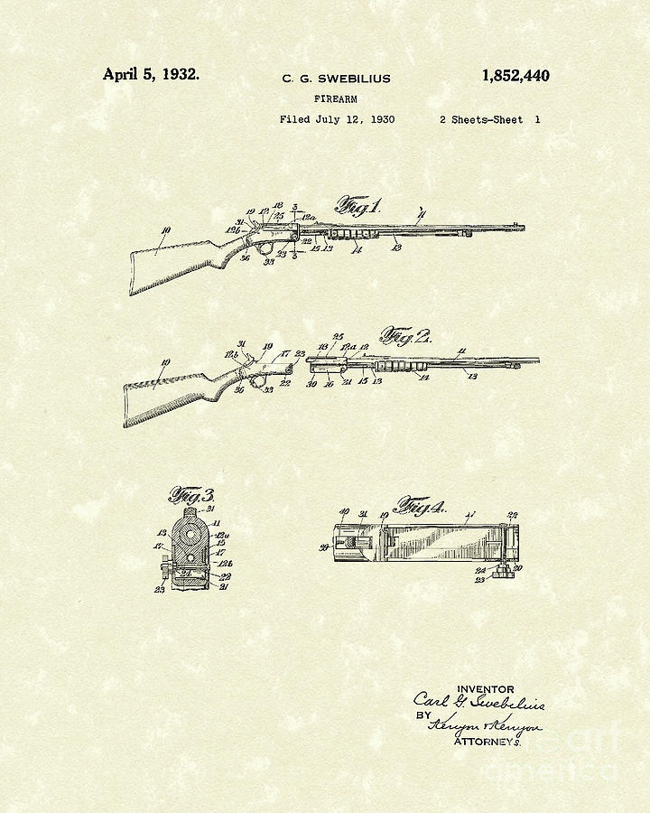 Rifle 1932 Patent Art Drawing by Prior Art Design