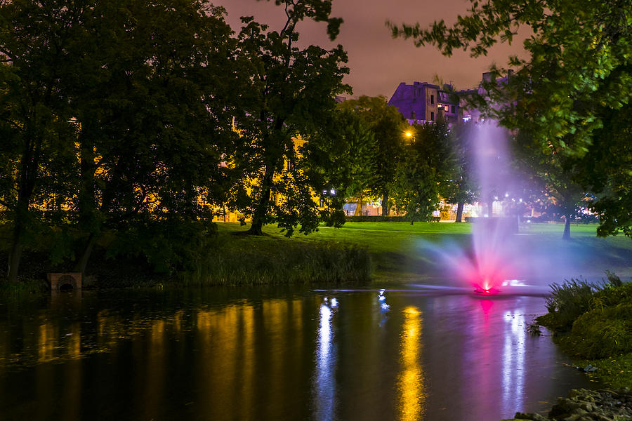 Night Photograph - Riga City Canal by Diatom  Art