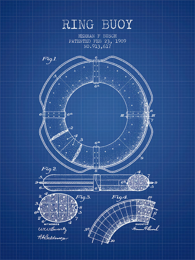 Vintage Digital Art - Ring Buoy Patent from 1909 - Blueprint by Aged Pixel