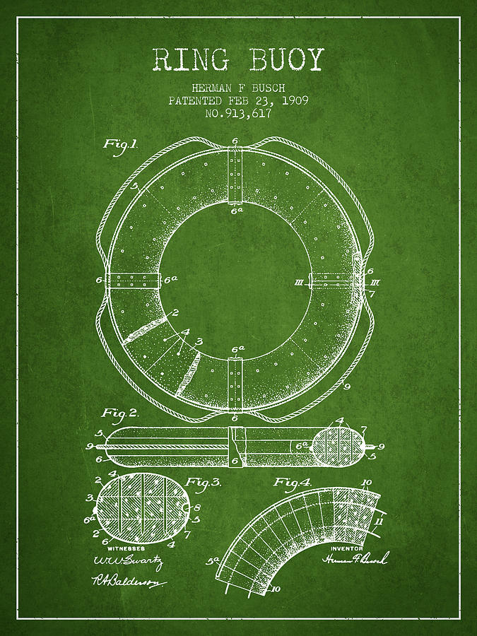 Vintage Digital Art - Ring Buoy Patent from 1909 - Green by Aged Pixel