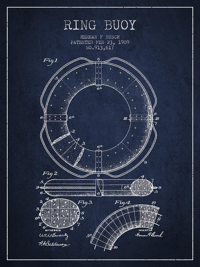 Vintage Digital Art - Ring Buoy Patent from 1909 - Navy Blue by Aged Pixel