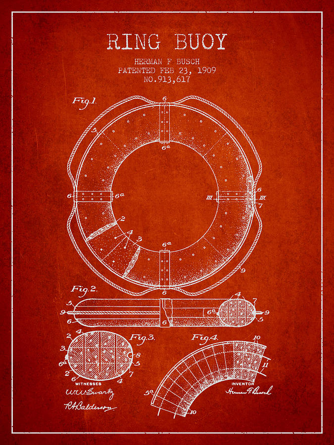 Vintage Digital Art - Ring Buoy Patent from 1909 - Red by Aged Pixel