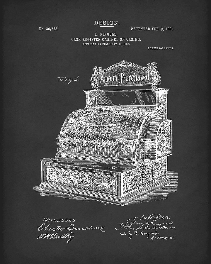 Ringold Drawing - Ringold Cash Register 1904 Patent Art Black by Prior Art Design