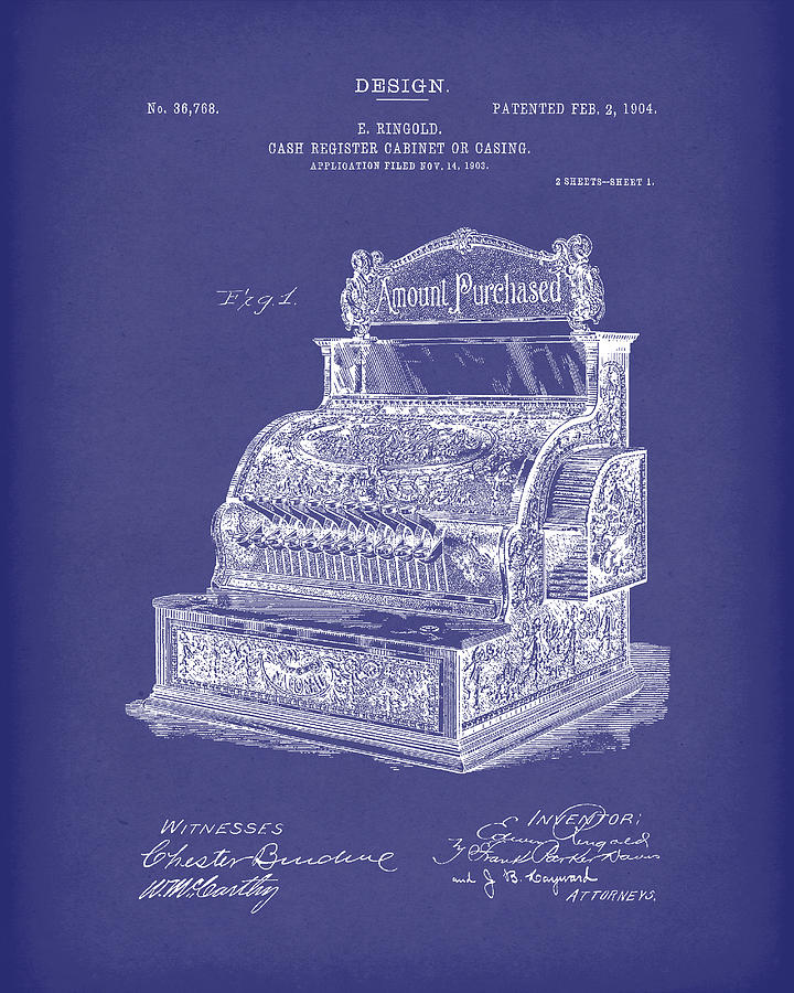 Ringold Cash Register 1904 Patent Art Blue Drawing by Prior Art Design