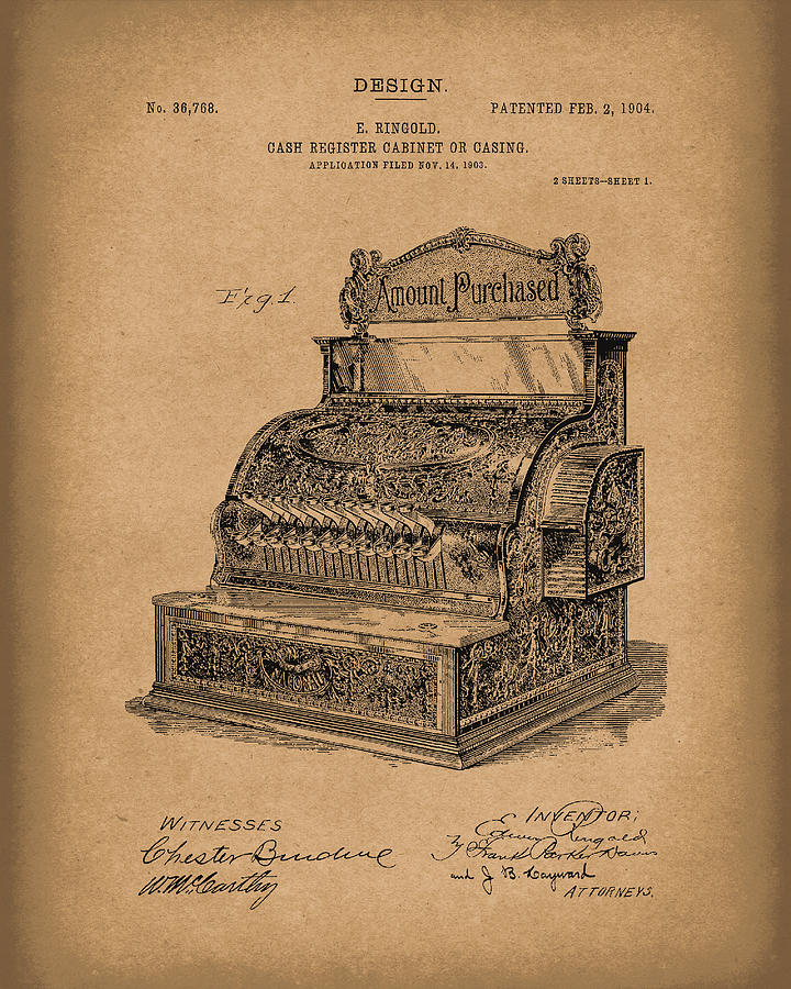 Ringold Drawing - Ringold Cash Register 1904 Patent Art Brown by Prior Art Design