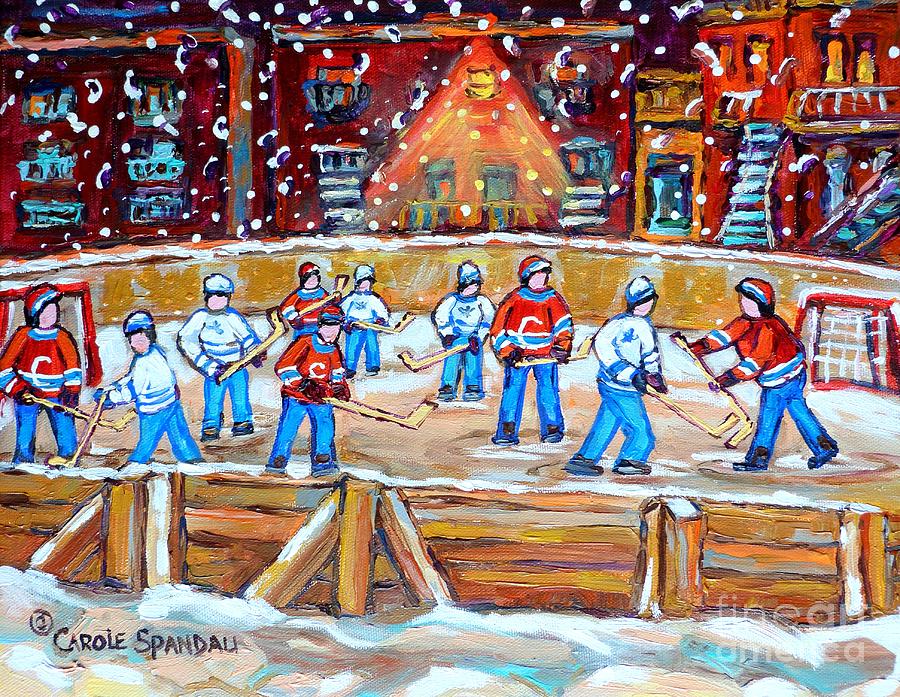 Rink Hockey In The City Montreal Memories Outdoor Hockey Fun Street Scene Painting Carole Spandau Painting by Carole Spandau