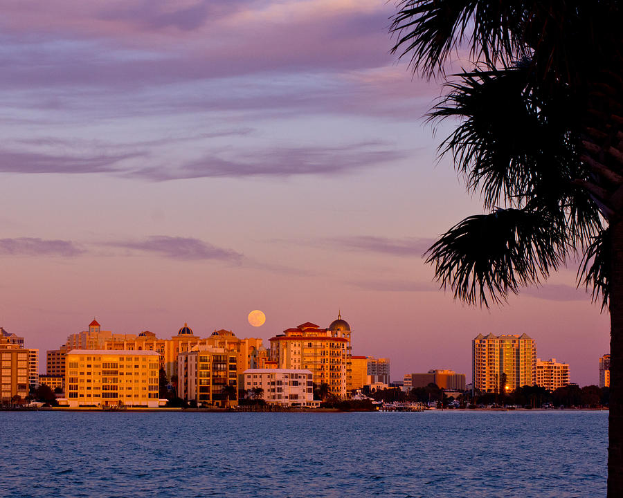 Sunset Photograph - Rising Full Moon Sunset Sarasota Cityscape by John Myers