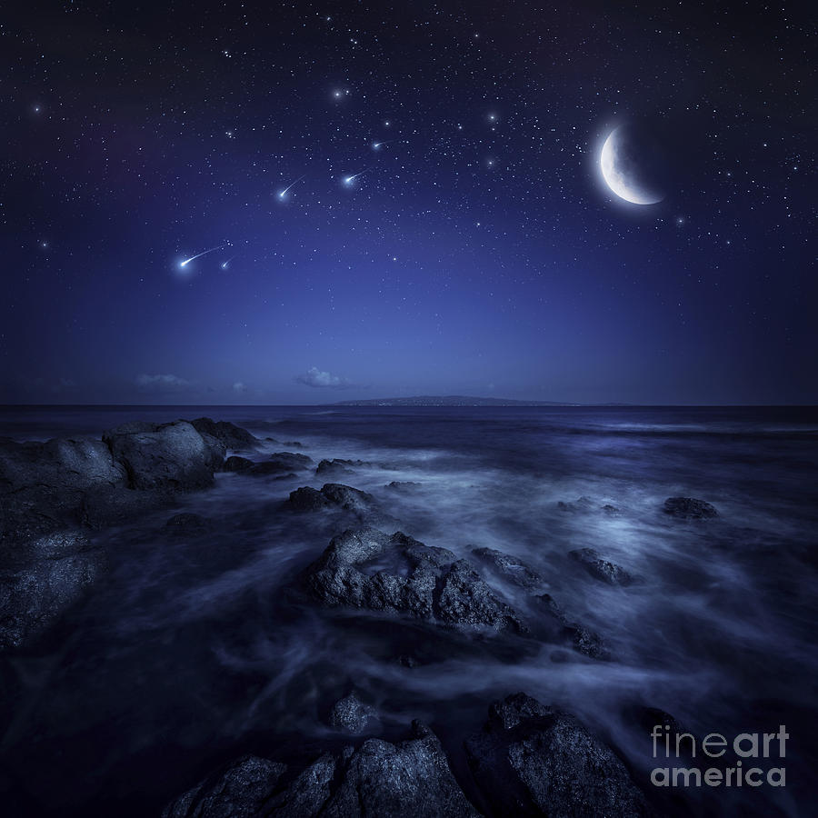 Nature Photograph - Rising Moon Over Ocean And Boulders by Evgeny Kuklev