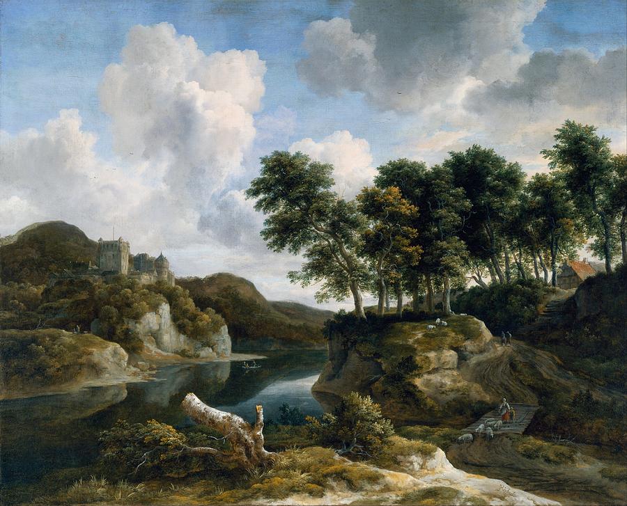 Landscape Painting - River Landscape with a Castle on a High Cliff by Jacob van Ruisdael