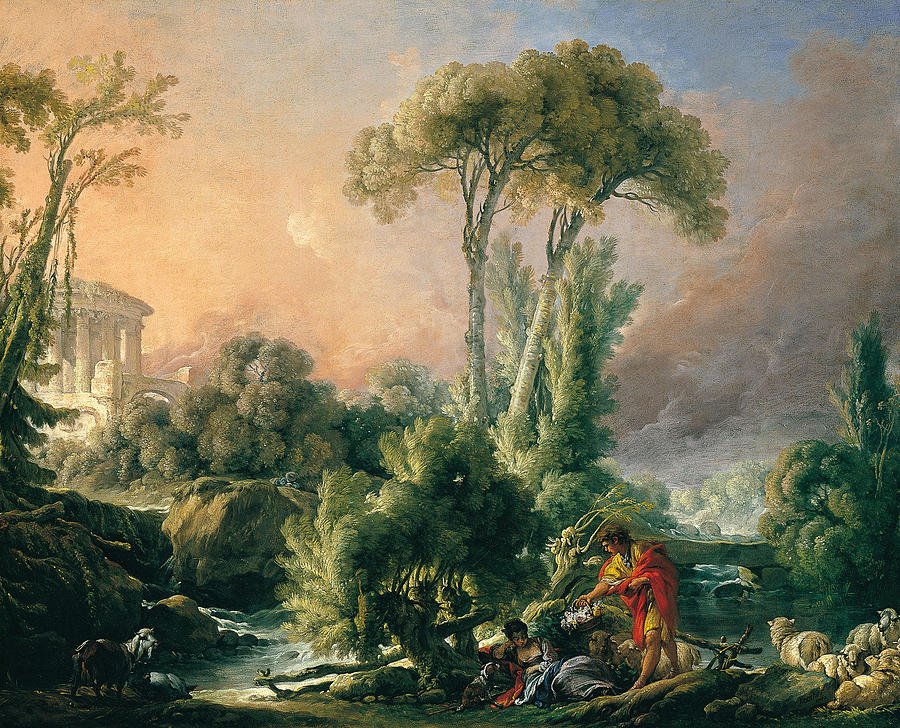 River Landscape with an Antique Temple Painting by Francois Boucher