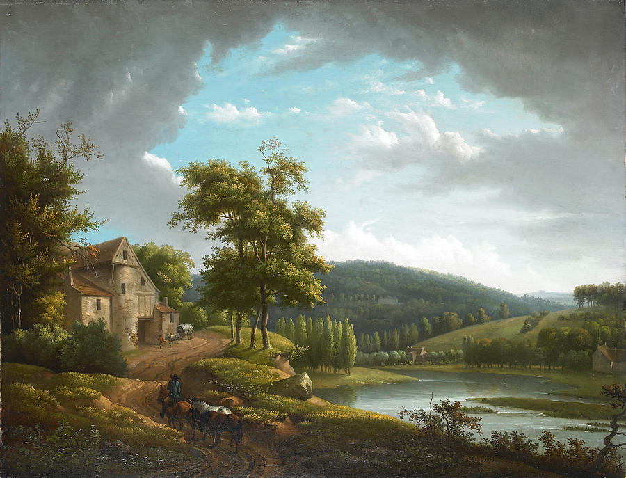 River landscape with farmhouse Painting by Alexandre-Hyacinthe Dunouy