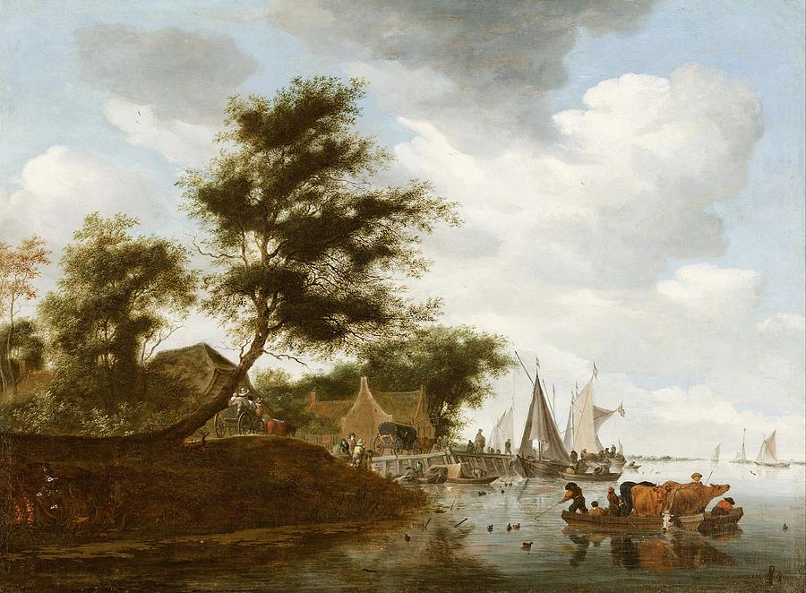 Landscape Painting - River landscape with ferry by Salomon van Ruysdael