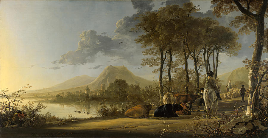 River Landscape with Horseman and Peasants Painting by Aelbert Cuyp