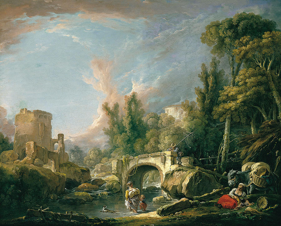 River Landscape with Ruin and Bridge Painting by Francois Boucher