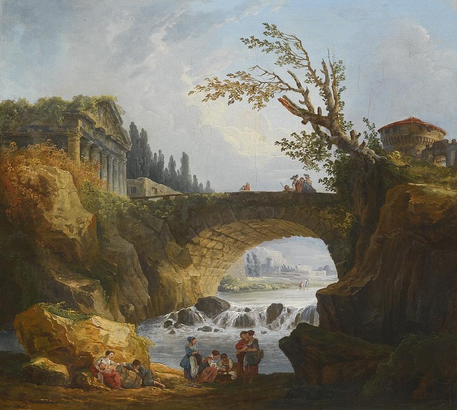 River Landscape With Washerwomen In The Foreground Painting by