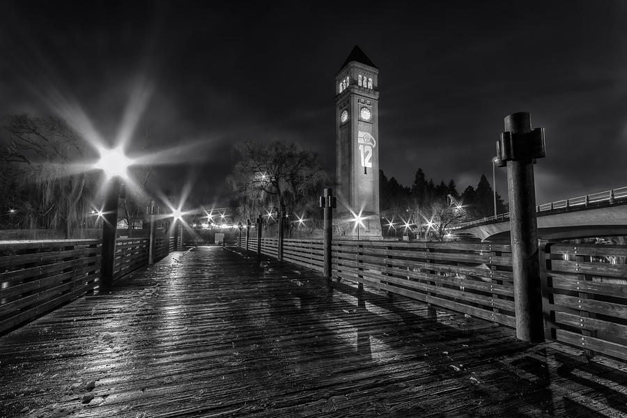 Riverfront Park Clocktower Seahawks Black and White Photograph by Mark Kiver