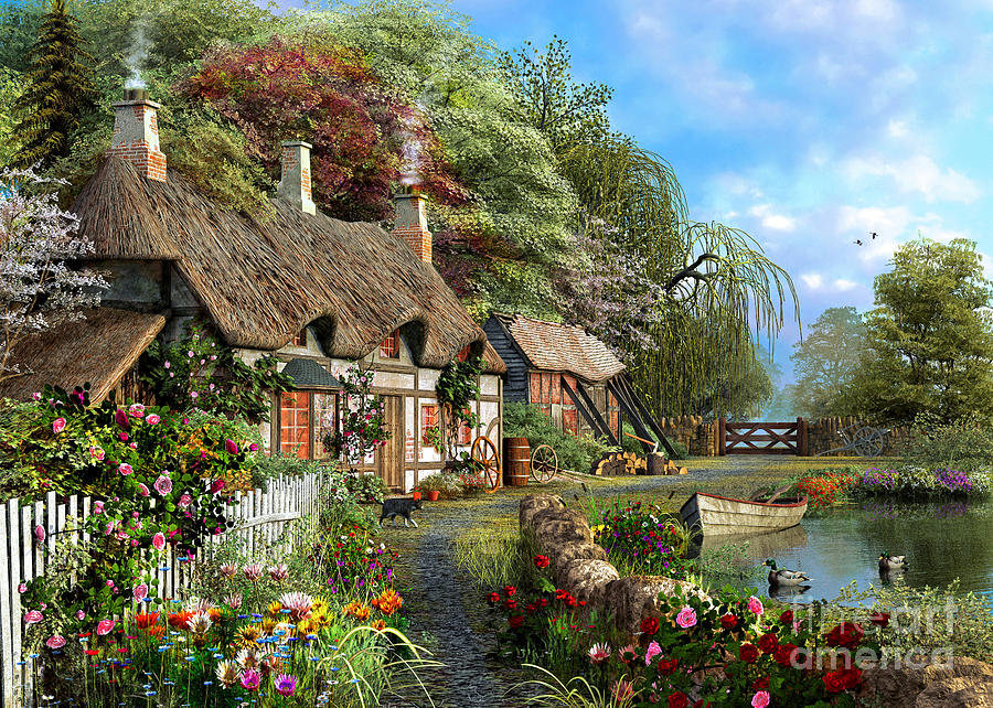 Summer Digital Art - Riverside Home in Bloom by MGL Meiklejohn Graphics Licensing