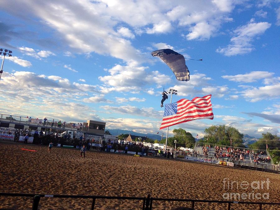 Riverton Rodeo and Skydiver with American Flag Painting by Richard W Linford