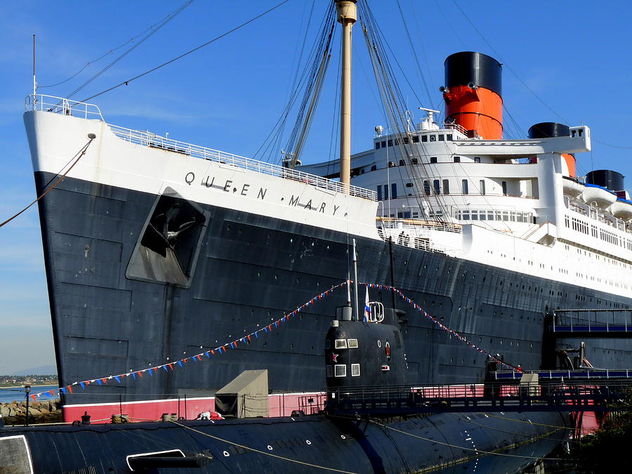 RMS Queen Mary and Submarine Photograph by Jeff Lowe