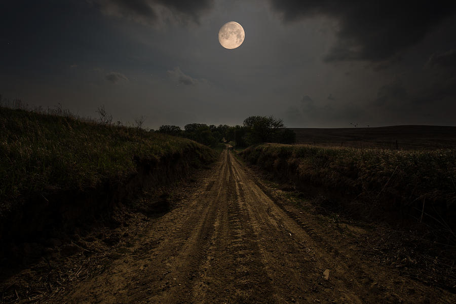 Waxing Photograph - Road To Nowhere - Waxing Gibbous Moon by Aaron J Groen