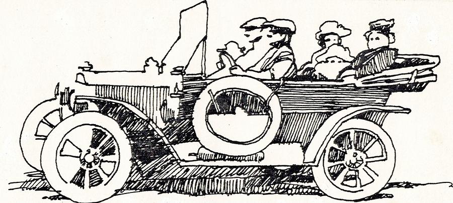 Antique Car Drawing - Road Trip by Dale Michels